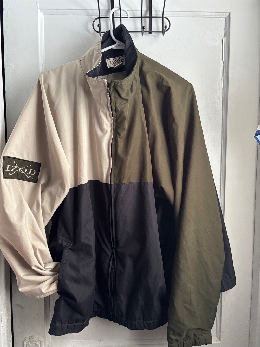 Izod Men’s Colorblock Windbreaker Jacket in Olive, Black & Cream